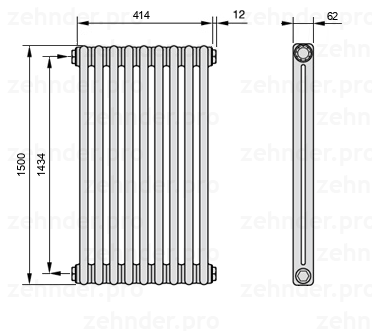 Схема (чертеж) Радиатор Zehnder Charleston 2150/9 №1270 Белый глянцевый RAL 9016